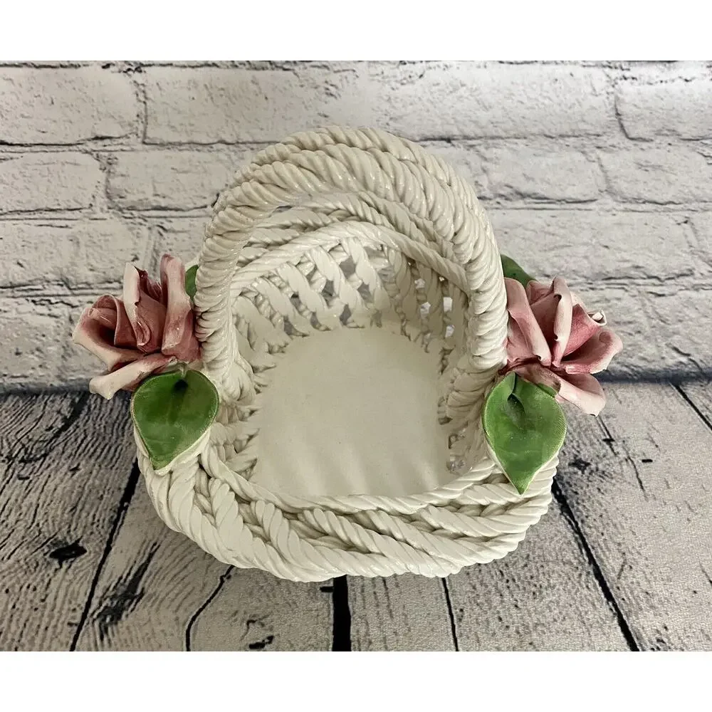 Capodimonte Porcelain Weaved Basket With Handle And Roses Made‎ In Italy